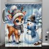 Winter Forest Deer & Snowman Digital Print Shower Curtain - Cartoon Pattern, Machine Washable, All-Season Knit Weave, Deer Theme
