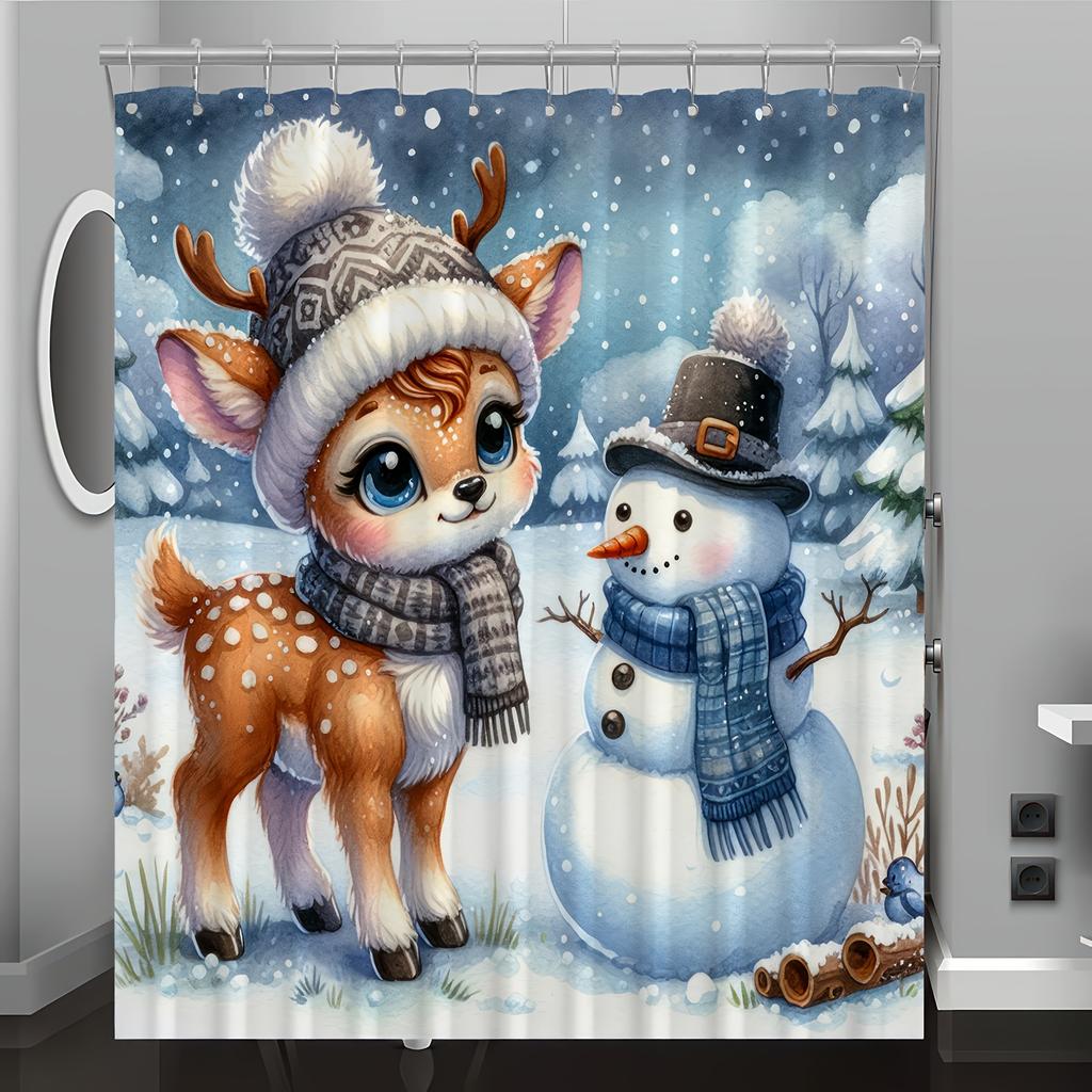 Winter Forest Deer & Snowman Digital Print Shower Curtain - Cartoon Pattern, Machine Washable, All-Season Knit Weave, Deer Theme