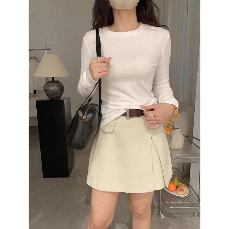 Frühling Herbst Rundhals Einfarbig Unterteil T-Shirt Damen Langarm Schlicht Allround Elastischer Pullover T-Shirt Top