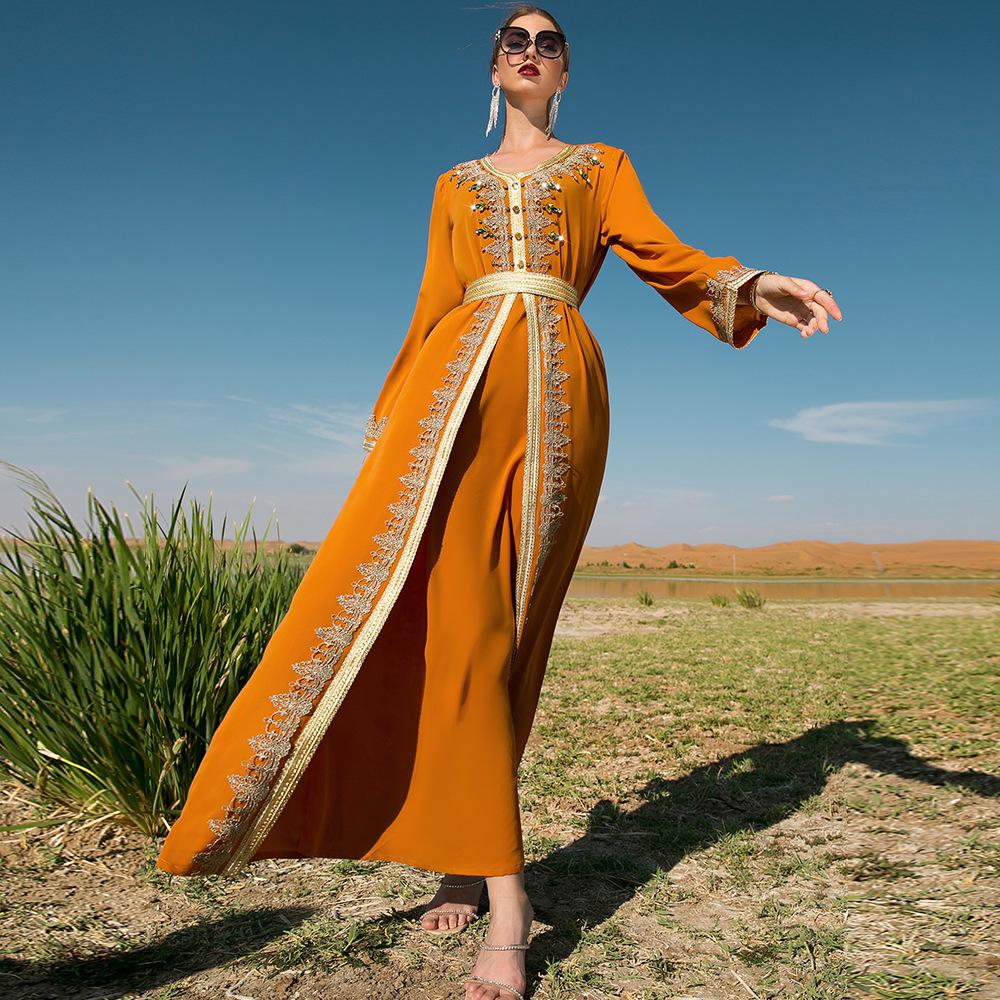 Women's Clothes Solid Color Handmade Rhinestone Stitching Lace Slim Fit Fake Two Piece Muslim Dress