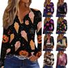 Women's Casual Long Sleeve V-Neck T-Shirt with Halloween Print and Button for Holiday Outfits