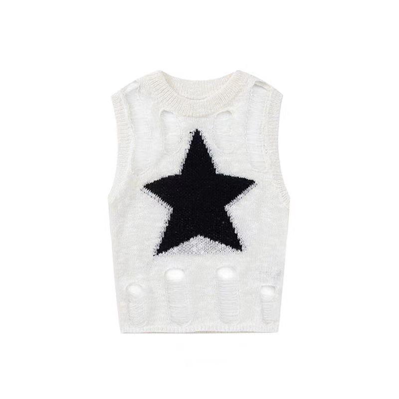 Fashion Sleeveless Sexy Women Ripped Design Shirt O-neck Loose Casual Hollow Out New Casual O Neck Vest Slim Fit Knitted Hole Star TopsY2k Tank Top