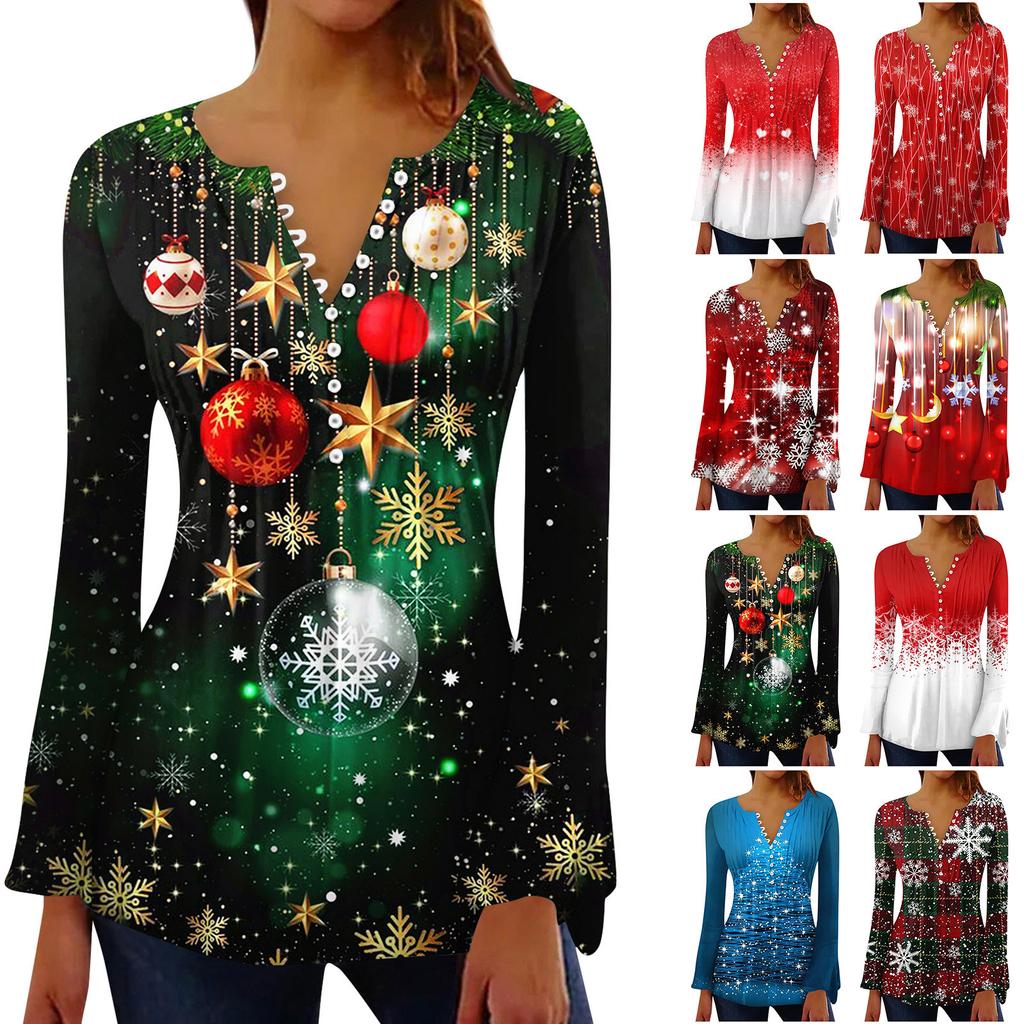 Women's Fashion Christmas Printed V-Neck Long Flared Sleeve Pleated Button T-Shirt Top