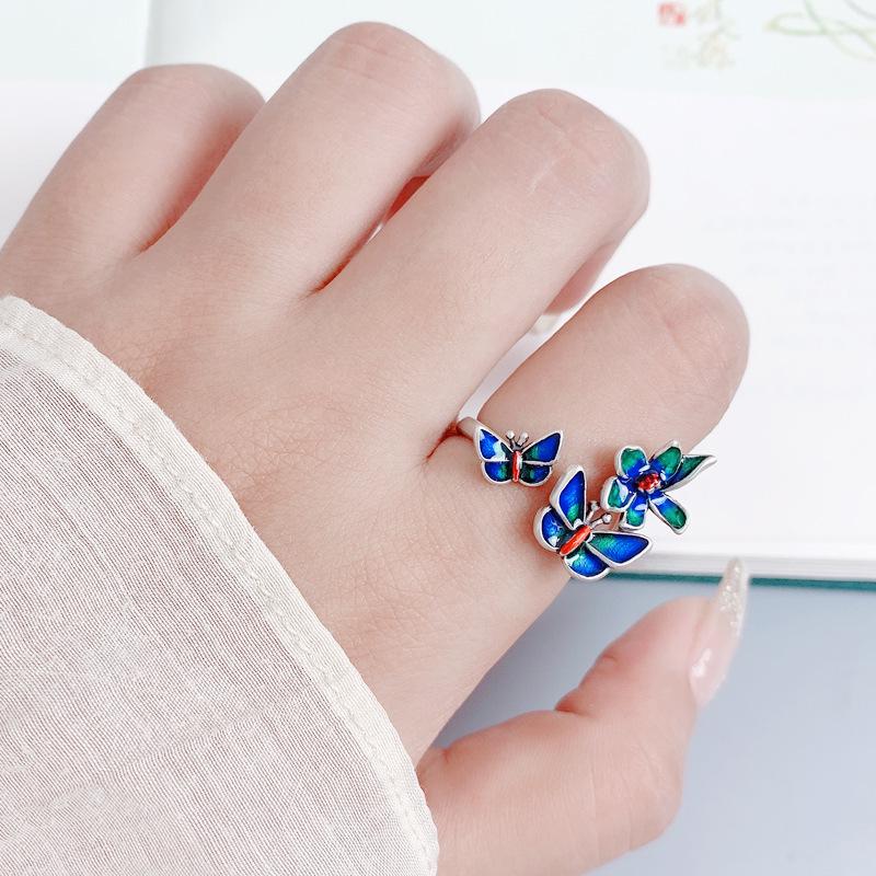 925 Sterling Silver Multi-Butterfly Open Finger Ring with Blue Accents - Exaggerated Ancient Style Flower Design