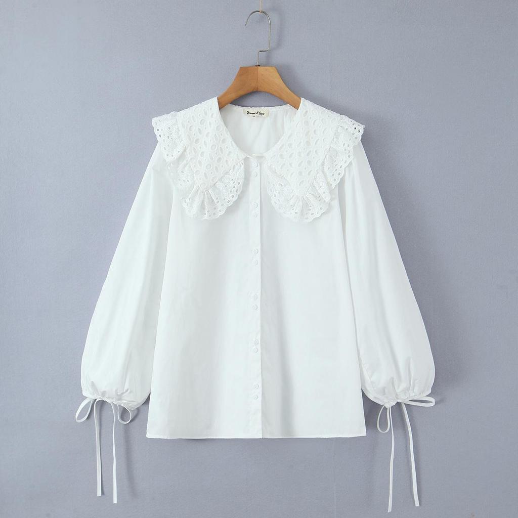 Autumn 2025 White Lace Large Lapel Loose Women's Shirt - European & American Style