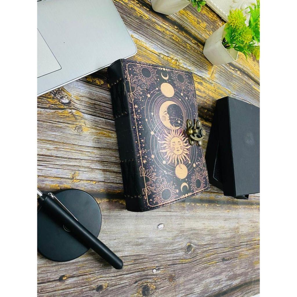 Sun and Moon Grimoire Journal Spell Book Print Journal Rustic Pages  Brass C Clasp Lock