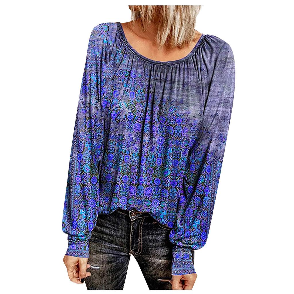 Women Tops Casual  Long Sleeve  Vintage Print Shirts Blouses Tops