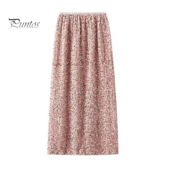 Solid Color Skirt Women Shiny Sequin Decoration Midi Elastic Soft Fabric High Waist Back Slit Design Beach Weddings Comfortable