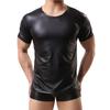 O-Neck Short Sleeve Elastic Men T-shirt Stage Performance Faux Leather Tee Shirt Clubwear