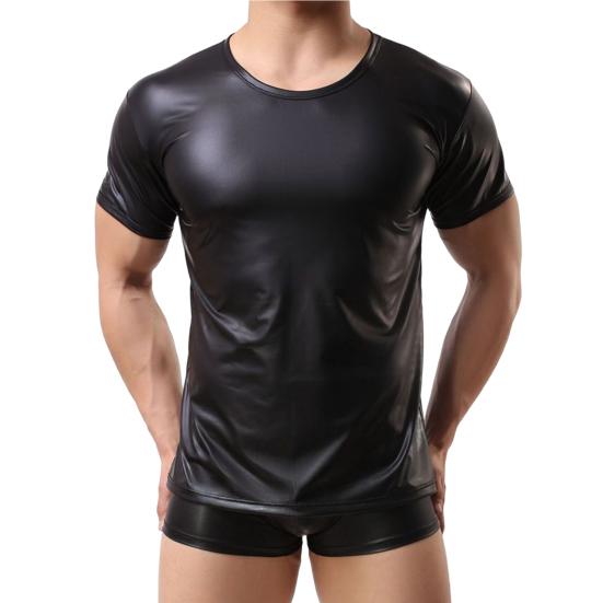 O-Neck Short Sleeve Elastic Men T-shirt Stage Performance Faux Leather Tee Shirt Clubwear
