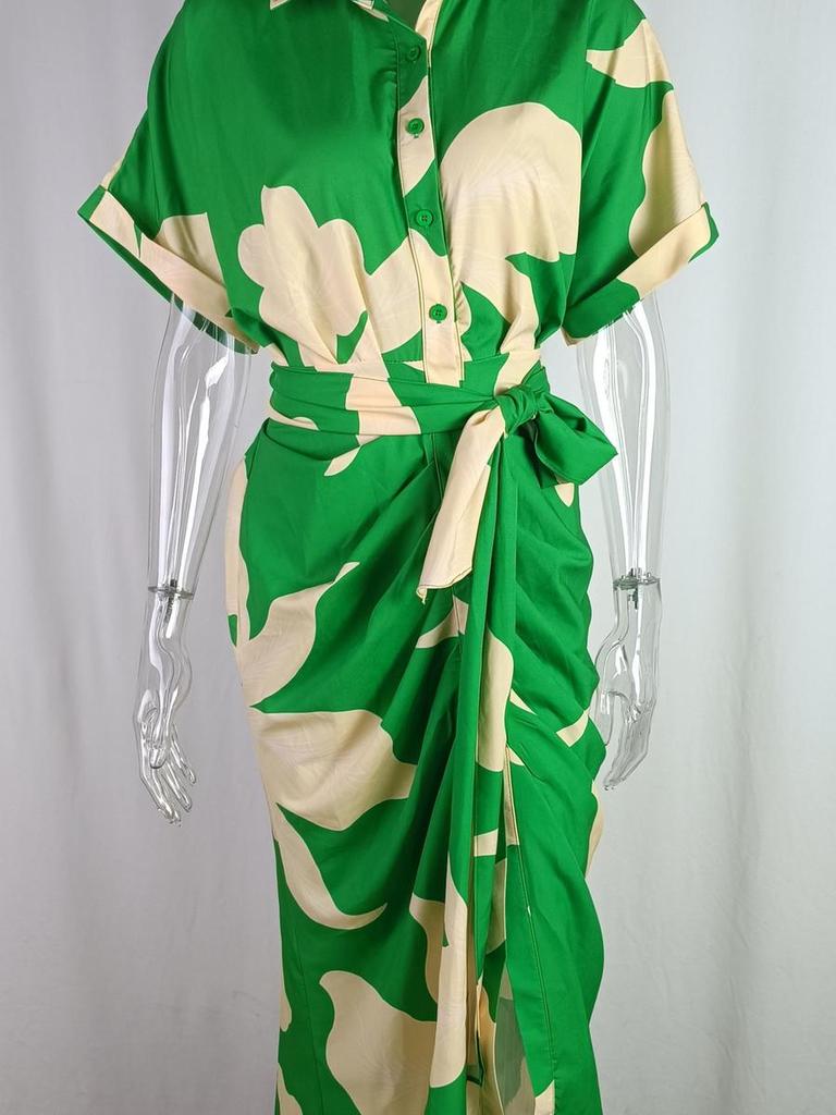 Spring New Women's Casual Printed Shirt Collar Tie-up Irregular Dress