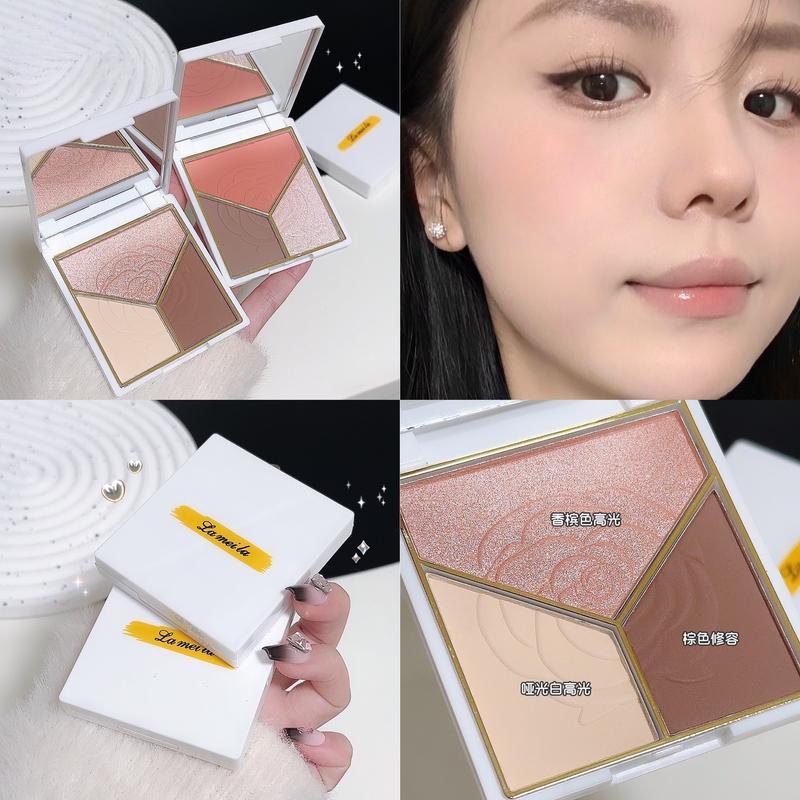 3-in-1 Highlight and Contour Palette - Brightening Nose Shadow, Cheek Shade, and Blush - Matte and Pearl Finishes