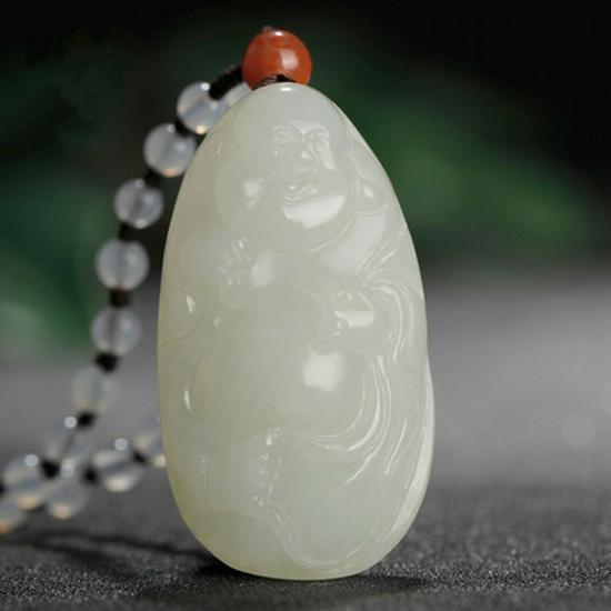 Hetian White Jade Maitreya Buddha Pendant - Women s Irregular Big Belly Laughing Buddha Design