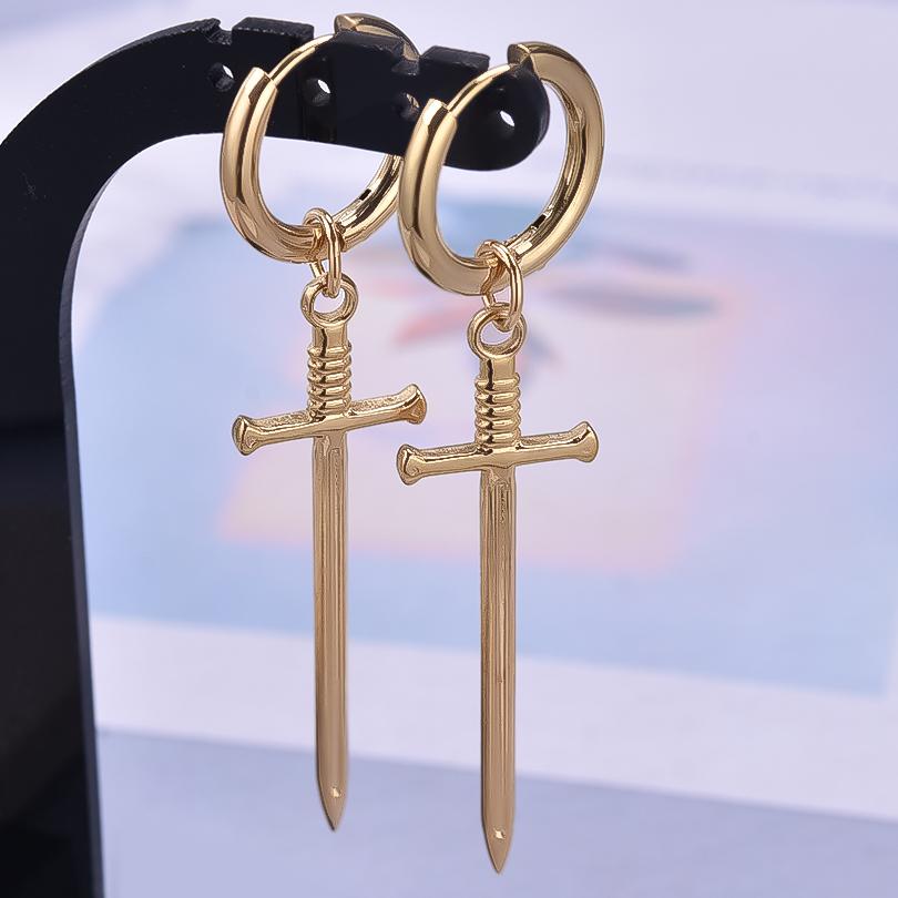 Goth Punk Black Long Sword Earrings For Women Men Accessories Stainless Steel Hoops Earring Dangle Tools Jewelry Piercing Arete