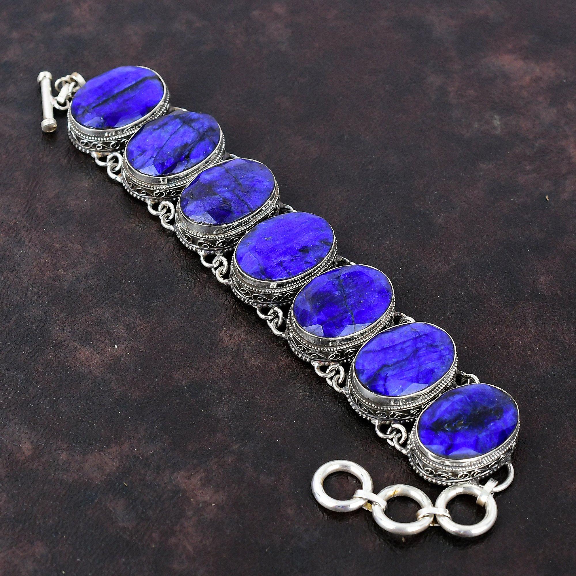 

Браслет с граненым синим сапфиром, винтажный браслет, браслет из стерлингового серебра 925 пробы, регулируемый браслет-цепочка, подарок для него, ювелирные изделия из натуральных драгоценных камней Adjustable