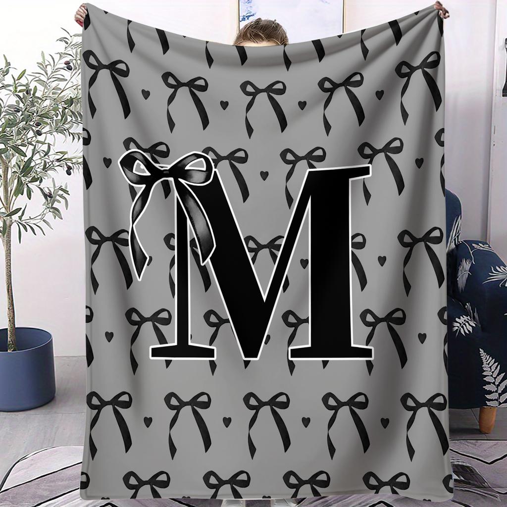 Trendy UltraCozy MultiUse Monogram Letter Bow Blanket Soft Fluffy Decorative Couch Bed AllSeason Throw