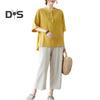 Women's Casual Two-Piece Set 3/4 Sleeve Crew Neck Button Top Wide Leg Pants Set Summer Loose Loungewear Outfit