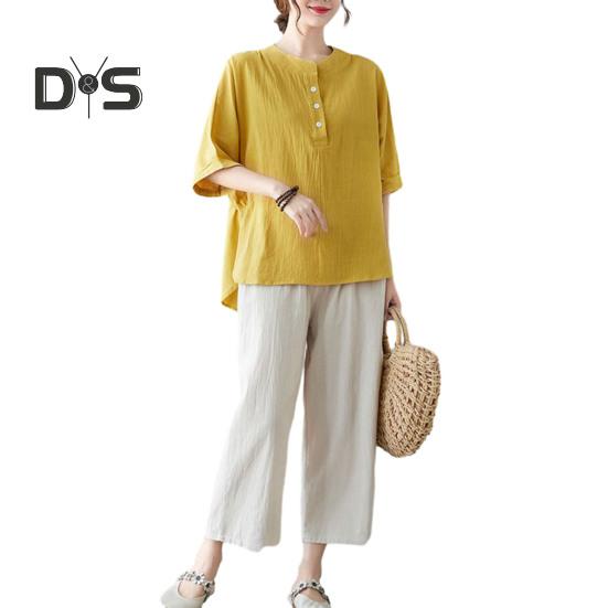 Women's Casual Two-Piece Set 3/4 Sleeve Crew Neck Button Top Wide Leg Pants Set Summer Loose Loungewear Outfit