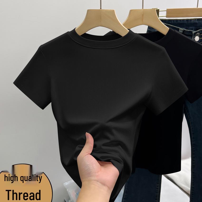 

Commuting Korean Style Girls Solid Color Slim Short Sleeve Ribbed Fashion Top L (95-110 lbs)