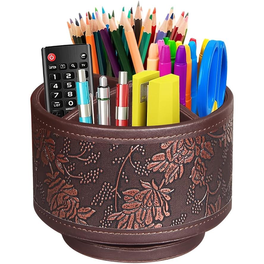 

360° Swivel Pen Holder with 4 Compartments, PU Leather Multifunctional Desktop Storage Box/Remote Organizer Pencil Case for Art Supplies, Remotes