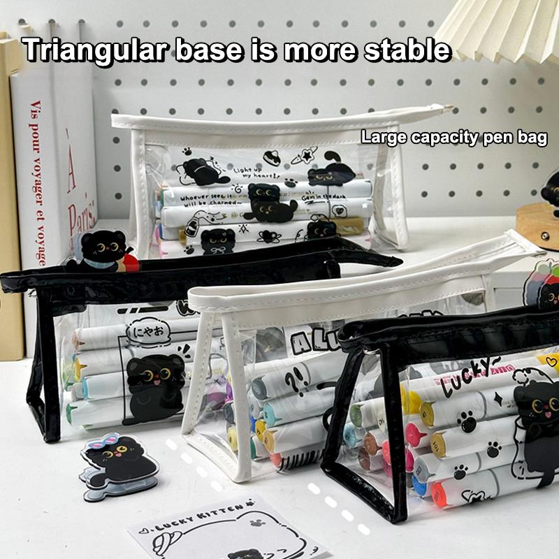 1 Piece Large Capacity Pen Box Black Cat Pvc Cover Transparent Pencil Case Ladies Cosmetic Bag Students Stationery