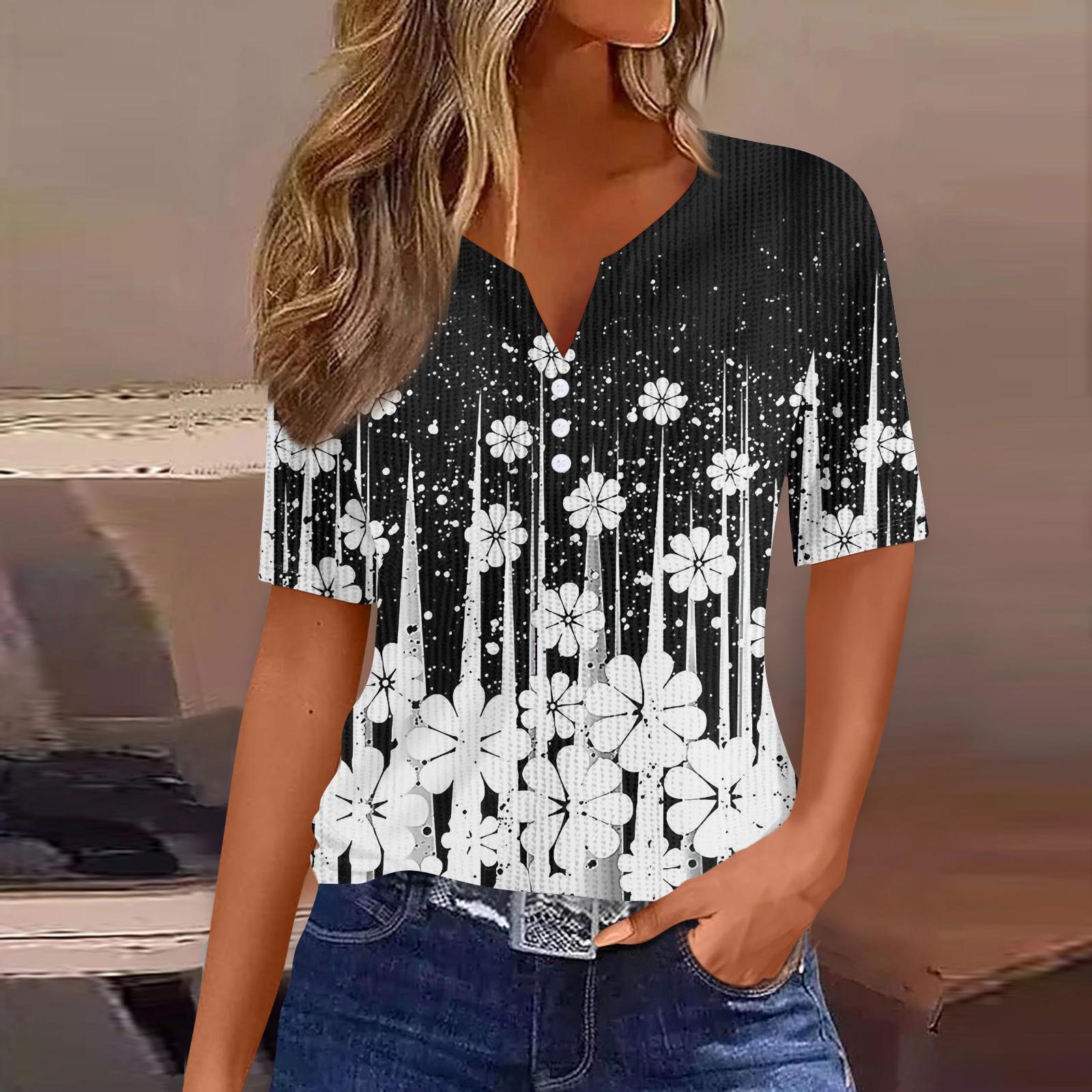 

Футболки для женщин, плиссированные, с V-образным вырезом, нарядные, повседневные блузки с принтом, короткие рукава, летние топы, свободный крой L чёрный