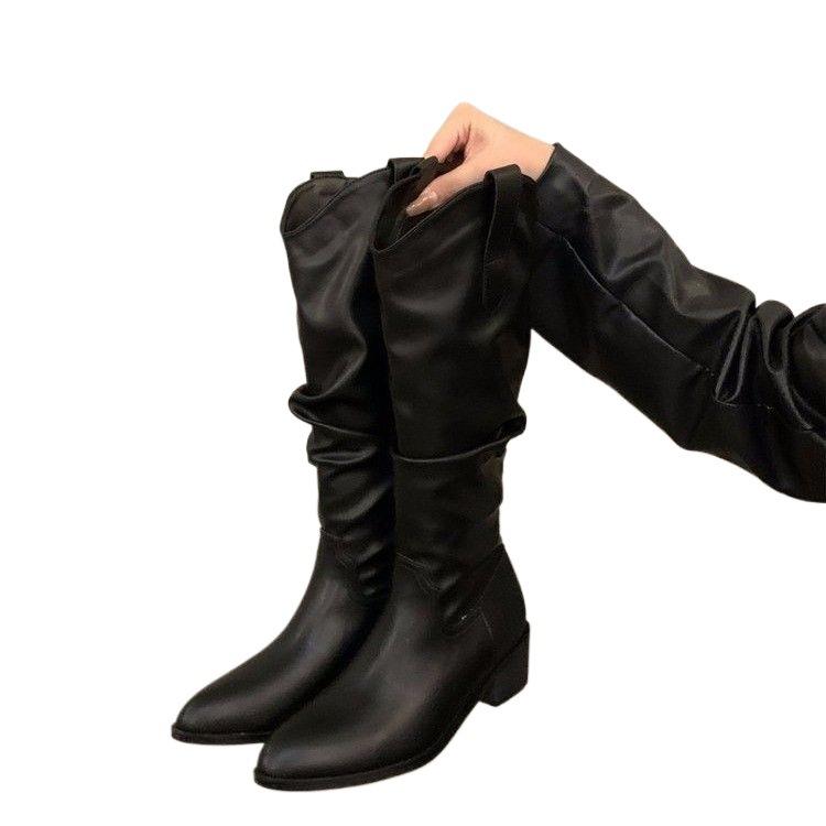 Coarse Heel Pleated Long Knight Boots Women's Shoes 2025 New Autumn and Winter Western Thin and Thin Long Boots