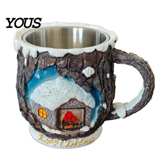 Durable Resin Cup Christmas Themed Coffee Mug, 3D Santa Claus/Snowhouse/Reindeer/Socks/Christmas Tree/Snowman Design, Party Drink Supplies Stainless
