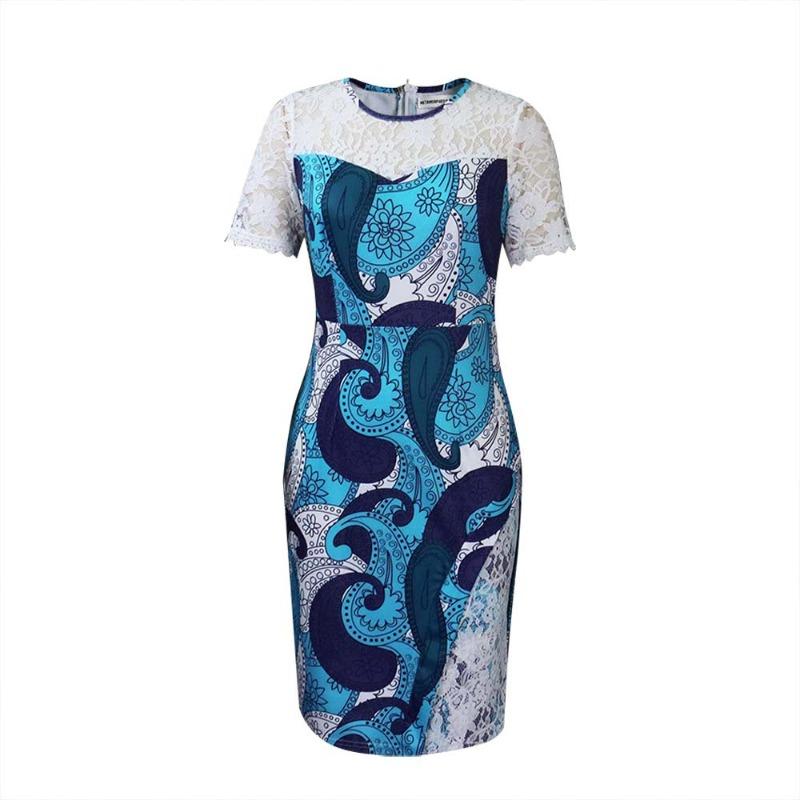 

New summer short-sleeved lace splicing printing hollow hip-wrapped professional pencil large-size dress S