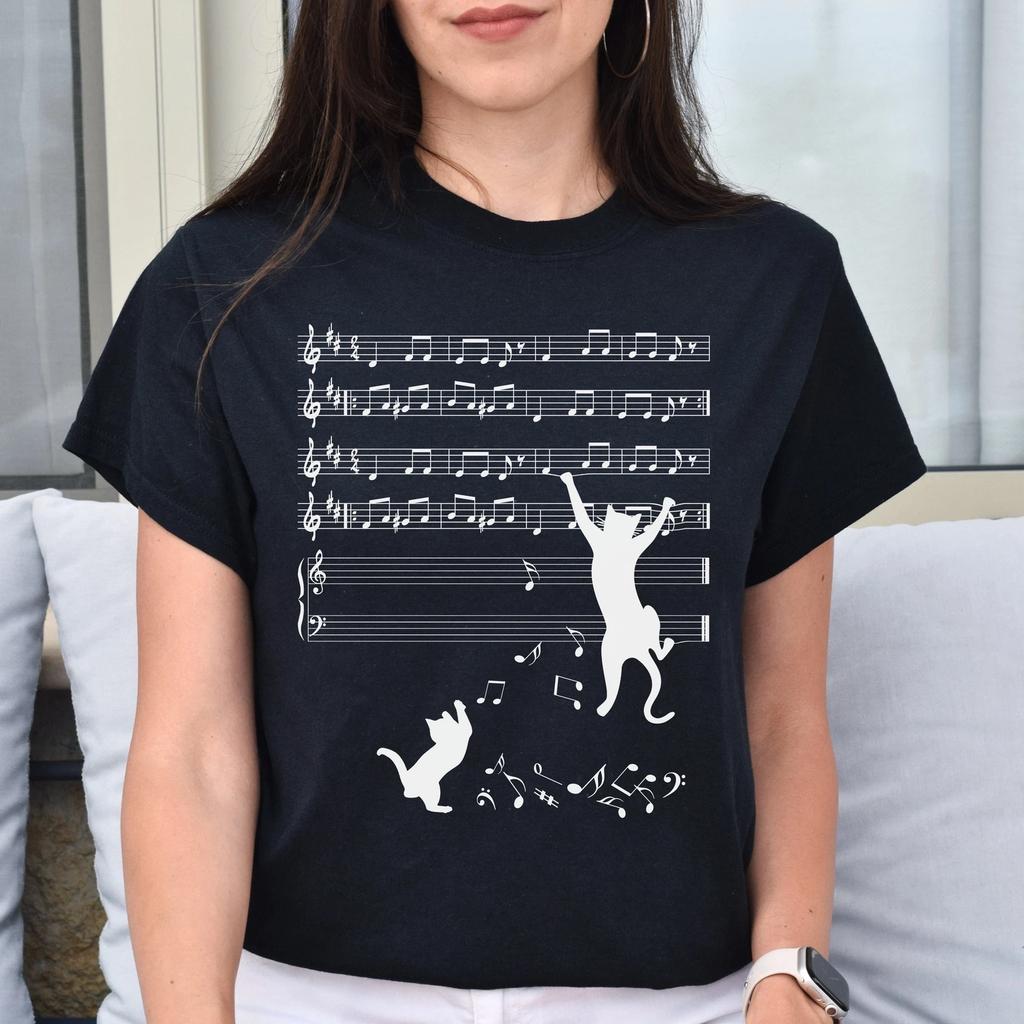 Katze Notenblatt Unisex-Shirt Katzenmusiker T-Shirt Schwarz Dunkles Heidekraut