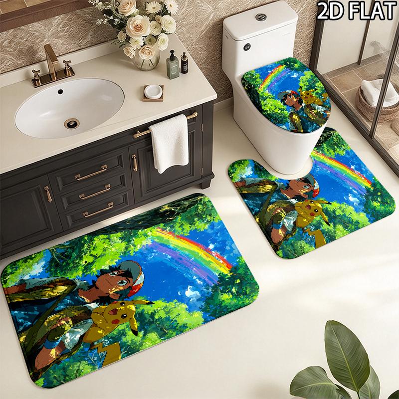 3pcs Ash Ketchum Pikachu Art Pattern Flannel Nonslip Absorbent Washable Decorative Bathroom Home Toilet Seat Cover Mat