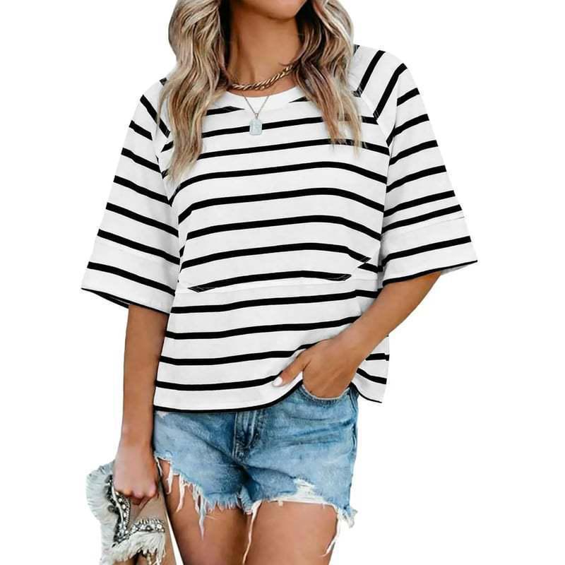 Camiseta Feminina Solta Colorida Sólida com Mangas Sino Tendência 2025
