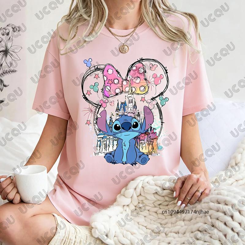 Summer New    Stitch Mickey Castle Magic Kingdom Print WoUnisex Cotton T Shirt Short Sleeve Tees Casual Couple Y2K Tops