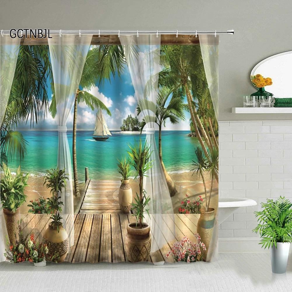 

Ocean Scenery Shower Curtains Ldyllic Building Flower Plant Spring Landscape Bathroom Curtain Waterproof Fabric Bathtub Screen 35x70in-90x180cm