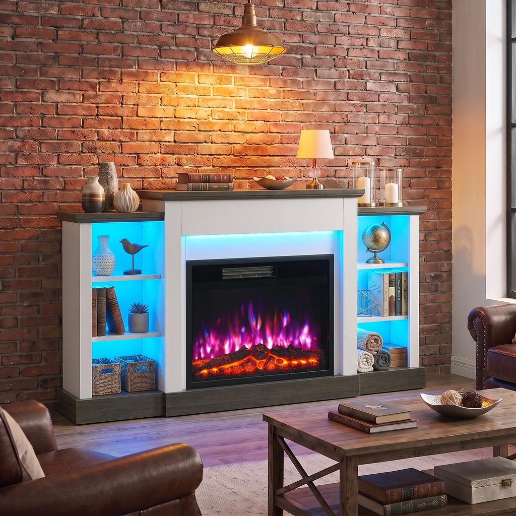Electric Fireplace TV Stand 138cm, LED Strips, Adjustable Flame Effect, 6 Shelves, Entertainment Center Console Table