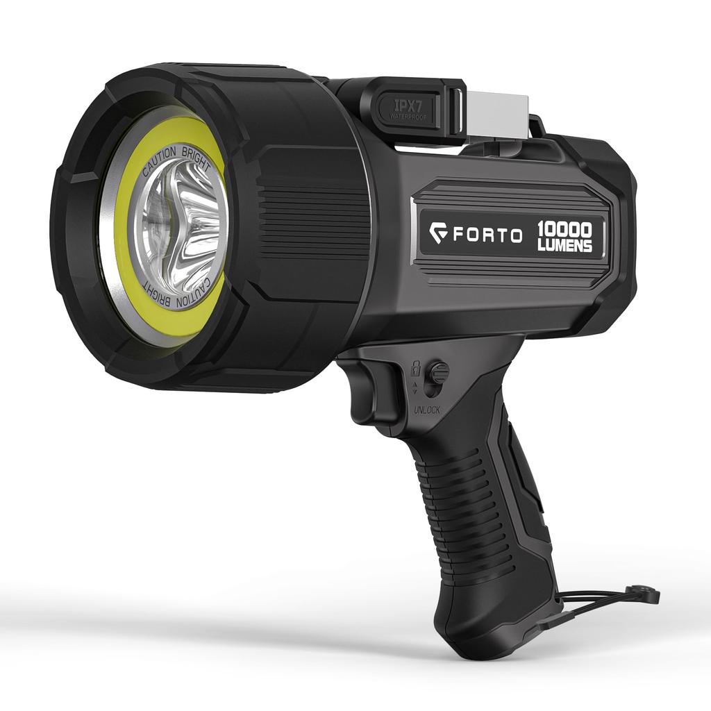 FORTO Compact Rechargeable 7 Light Child Carrying Emergency Power Gray Light, Powerful, Modes, Spot, Searchlight, Lock, Case, Supplies, Camping,