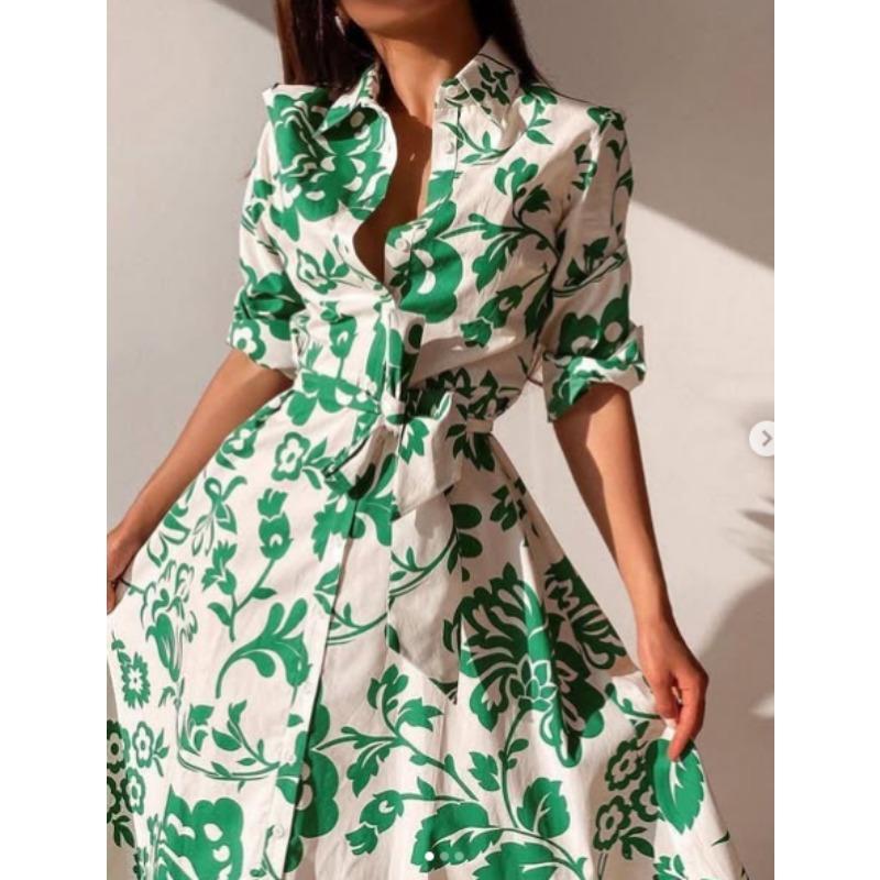 Nouvelle Robe Chemise Ample à Fleurs Imprimées Élégante pour Femmes Revers Style Décontracté Lacée Fête Mi-Longue Vêtements Cardigan Boutonné