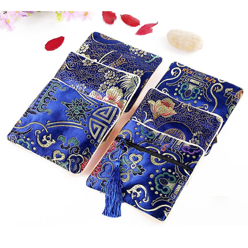 Chinese Brocade Jewelry Storage Bag Handmade Silk Embroidery Padded Small Zipper Tassel Jewelry Organizer Pouch Satin Gift Bag