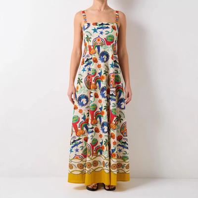 Womens Summer Boho Floral Dress Spaghetti Strap Square Neck Ruffle Casual Flowy A-Line Beach Swing Party Long Sundress Sleeveless Maxi Dress for Women