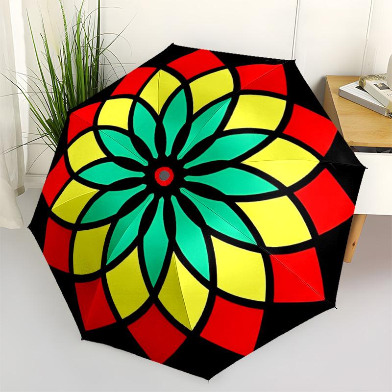

1pc Stained Mandala Design Automatic Umbrella - Stylish, Durable, with 8-Rib Manual Open Design, Elegant Black Handleyy250920117