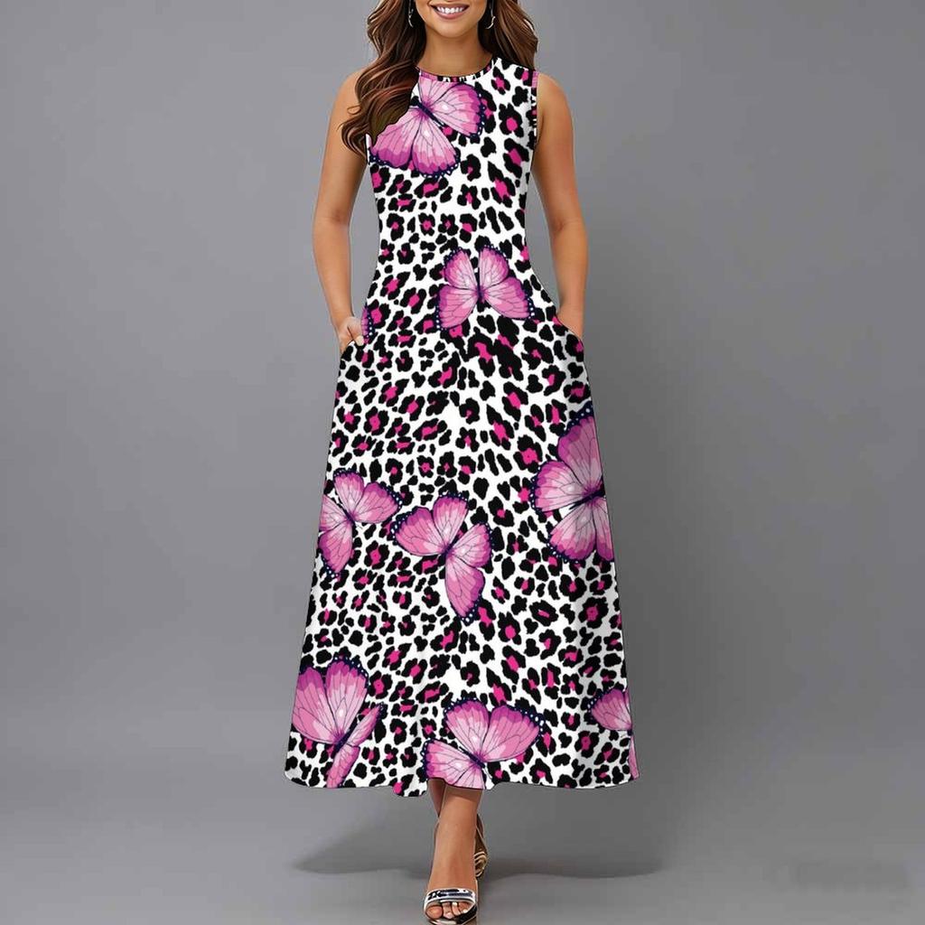 Women Plus Size Sleeveless Crew Neck Dress Soft Watercolor Floral Branches Flowy Mid Calf Gown