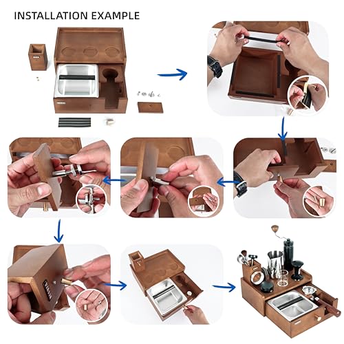 NEOUZA Multifunctional Barista Station | Built-in Knock Box & Tamper Stand, Removable Drawer, Beech Wood Stainless Steel Organizer for 51/54/58mm Port
