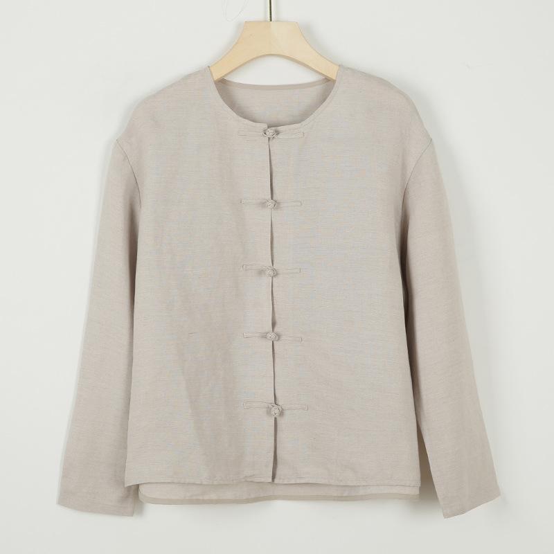 

Johnature Chinese Style Shirts Women O-Neck Long Sleeve Tops Solid Color Button Blouses Spring Vintage Shirts XXL бежевый