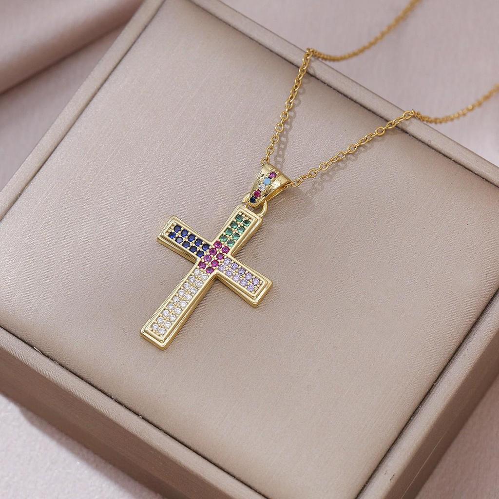 Damen Bunte Zirkon Kreuz Halskette - Nischendesign mit Voll-Diamant-Anhänger an Edelstahlkette