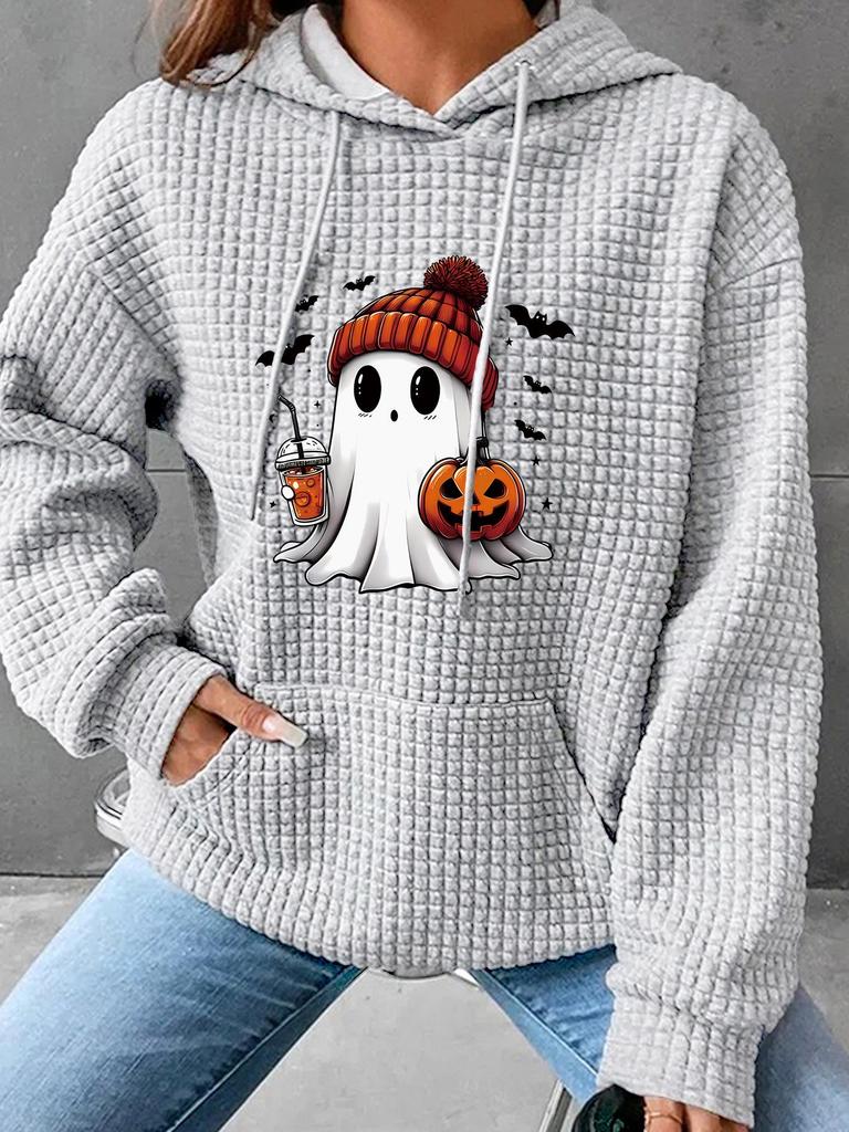 Women's Autumn/Winter Waffle Hooded Halloween Print Sweatshirt - Loose Fit, Long Sleeve, European Size