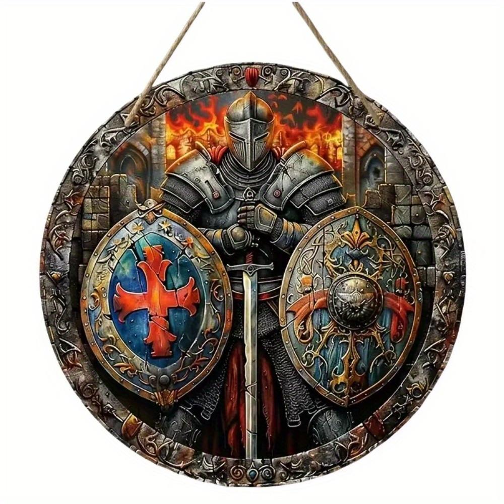 

1 шт. 2d плоский винтажный средневековый рыцарский художественный знак - 20 см круглый деревянный, бар кафе крыльцо гостиная спальня домашний декор, деревенский стиль креативный настенный декор 20cm*20cm