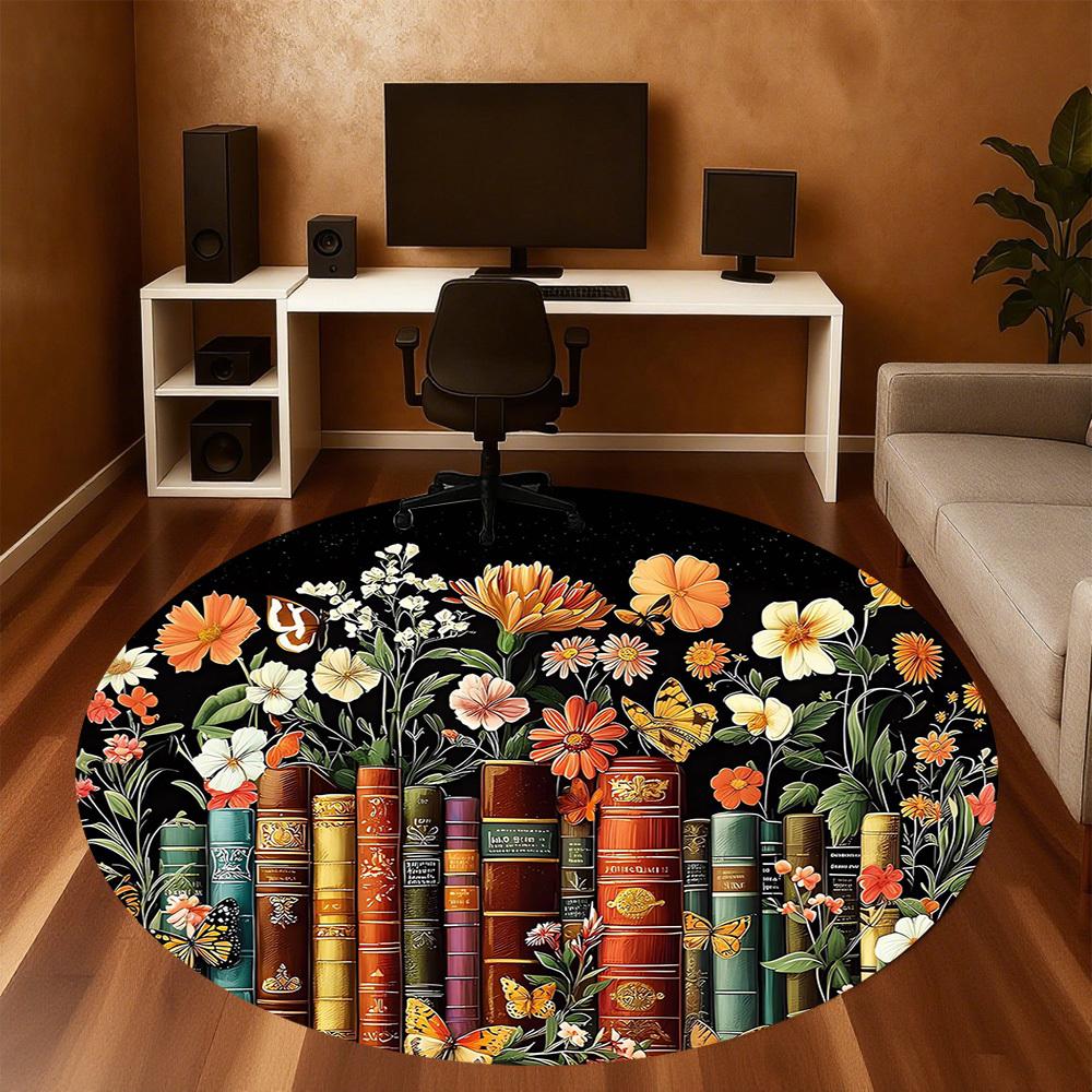 1pc Butterfly Library Pattern Office Round Rugs, Under Chair Round Rugs for Living Room, Bedroom, Bathroom Decoration Carpet 091853