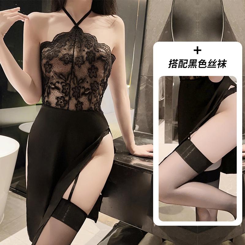 Intimo sexy in pizzo, top a tubino, prospettiva, tentazione, pigiama, sexy, spacco lungo, cinturino al collo, pizzo, uniforme, completo