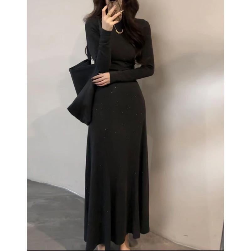 

2025 European-Style French Long Dress: Glitter Embellished, Long Sleeve, Autumn/Winter Fashion Women s Clothing Small черный серый