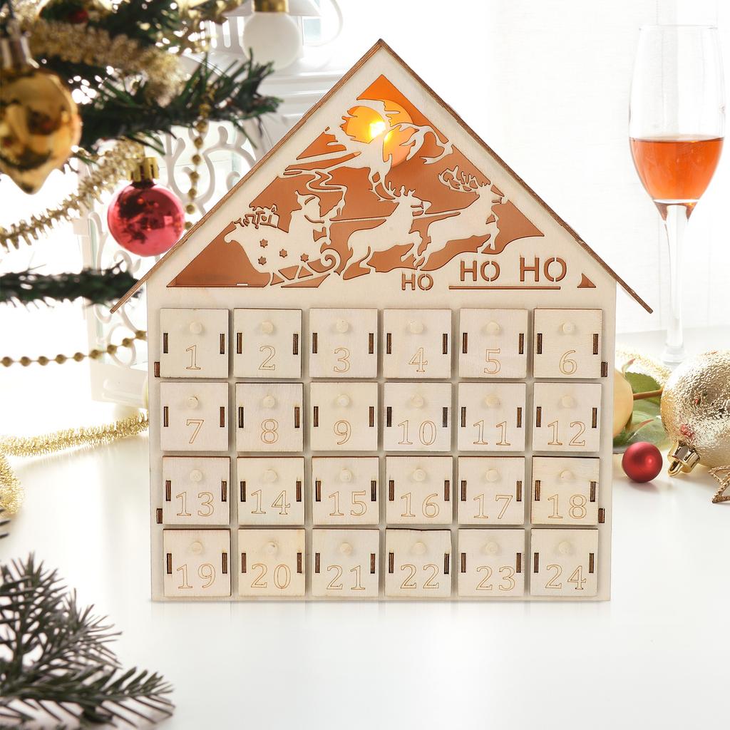 Hölzerner Adventskalender 24 Schubladen LED Beleuchtung Countdown Weihnachten 2026 Nachfüllbar Rustikal Tischdeko Dorf Dekoration